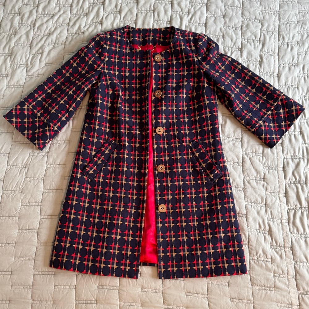 Trina Turk Navy, Red & Cream Plaid Wool Blend Trench Coat
